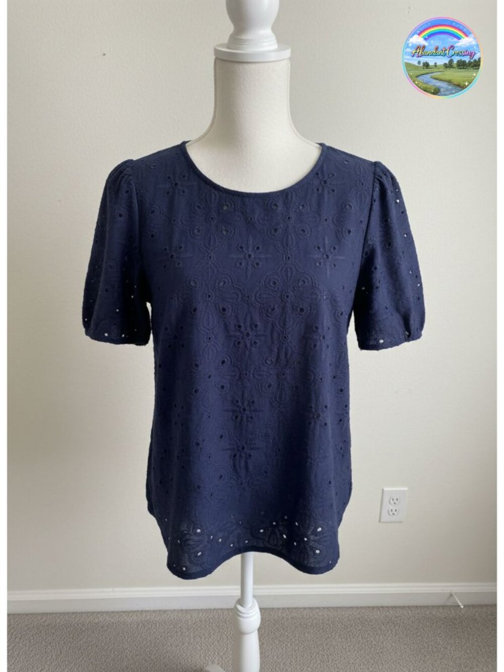 PRETTYGARDEN Embroidered Eyelet Short Puff Sleeve Blouse Lined Cotton Crew Neck